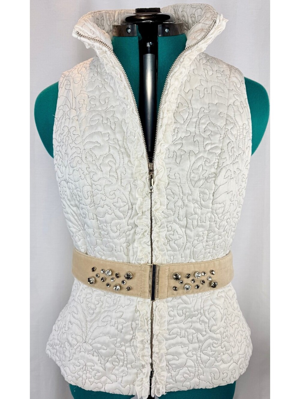 White House Black Market S Ivory Quilted Jeweled Belt Ruffle Vest Embroidered